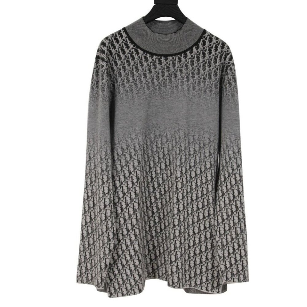 Dior Mens Oblique Logo Mock Neck Sweater Large Gray Black 100% Cashmere Pullover